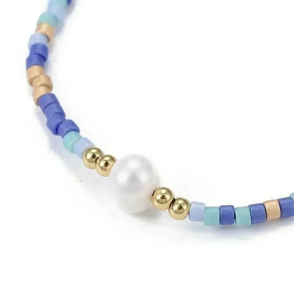 Fashion Jewelry Jewelry - Hand Crafted Real Freshwater Pearl Blue Multi Japanese Glass Beads Bracelet